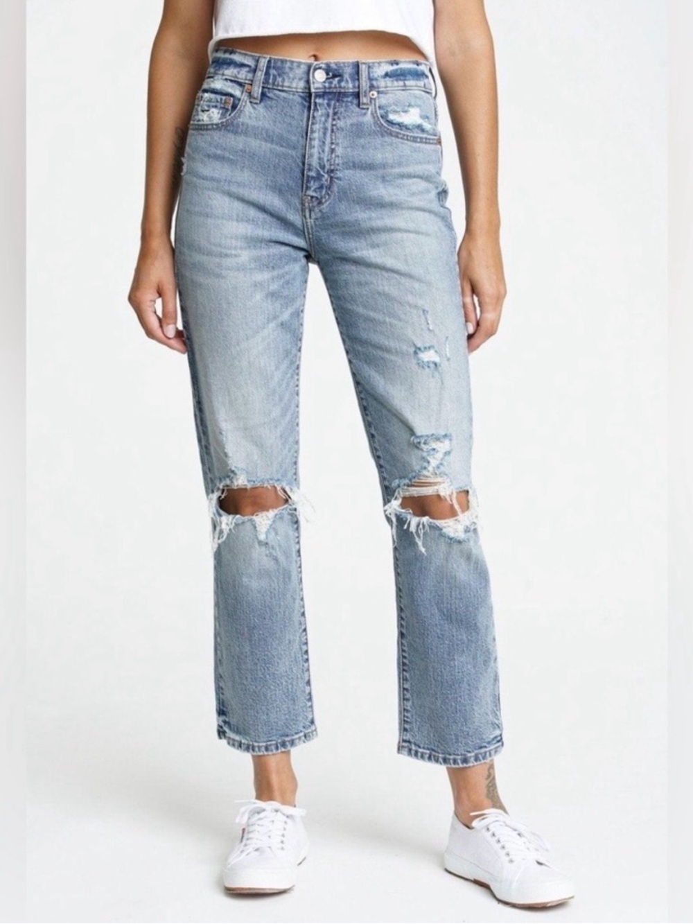 High-Rise Light Blue Distressed Straight-Leg Jeans for Women